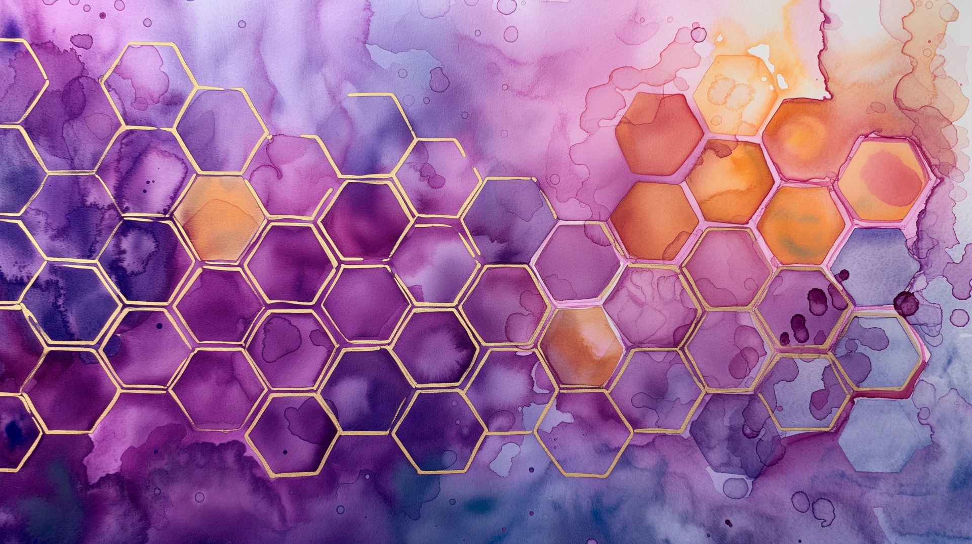 HD desktop wallpaper featuring watercolor honeycomb pattern with vibrant purple and orange hues