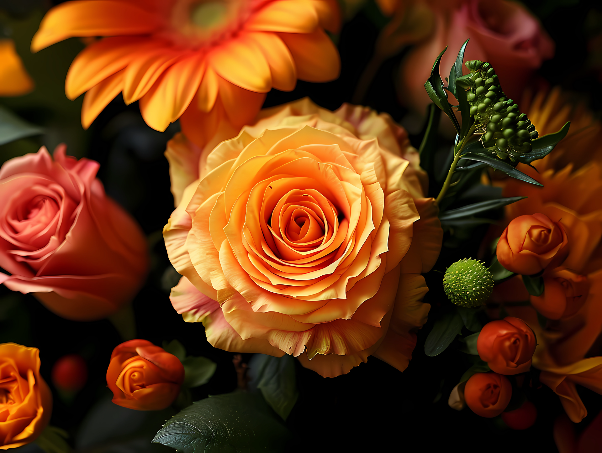 A vibrant bouquet of blooming orange and peach flowers in vivid 4K Ultra HD, capturing the essence of spring for a stunning PC desktop background.