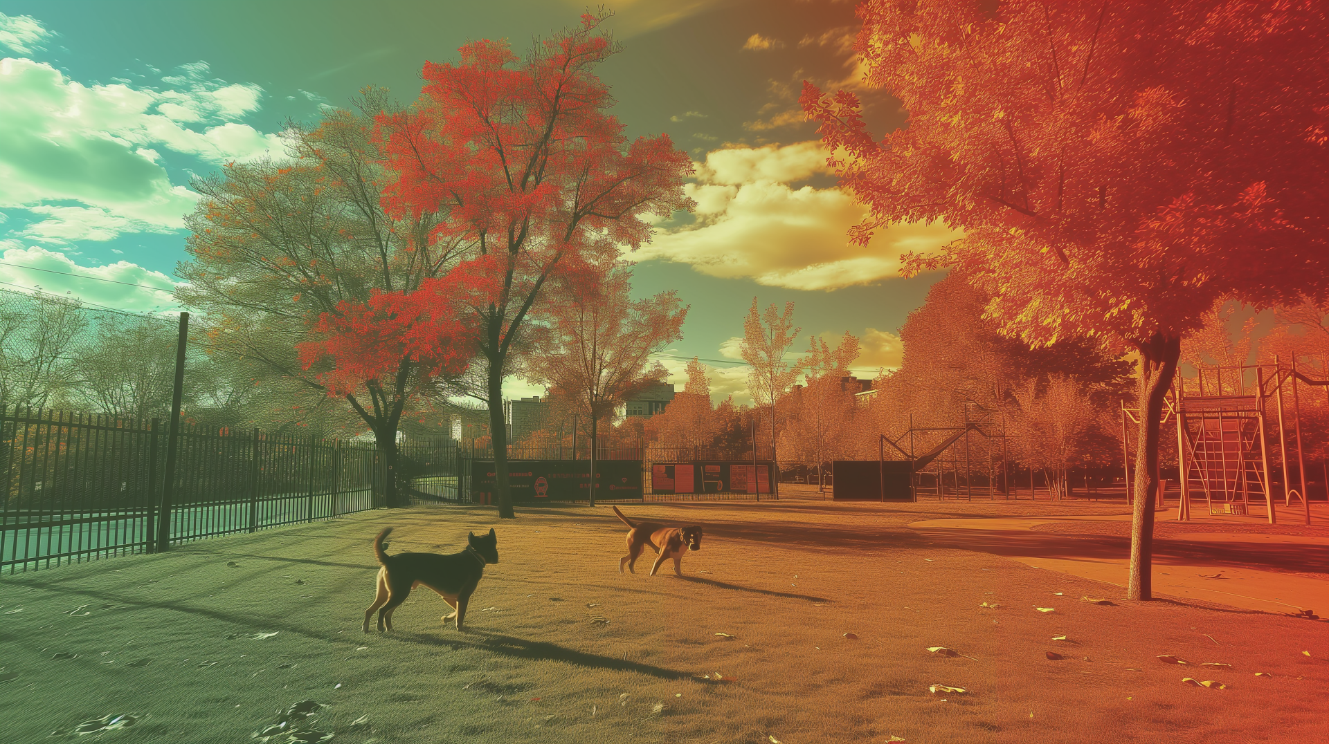 Two dogs enjoying a sunny day at the dog park with vibrant autumn trees in a HD wallpaper background.