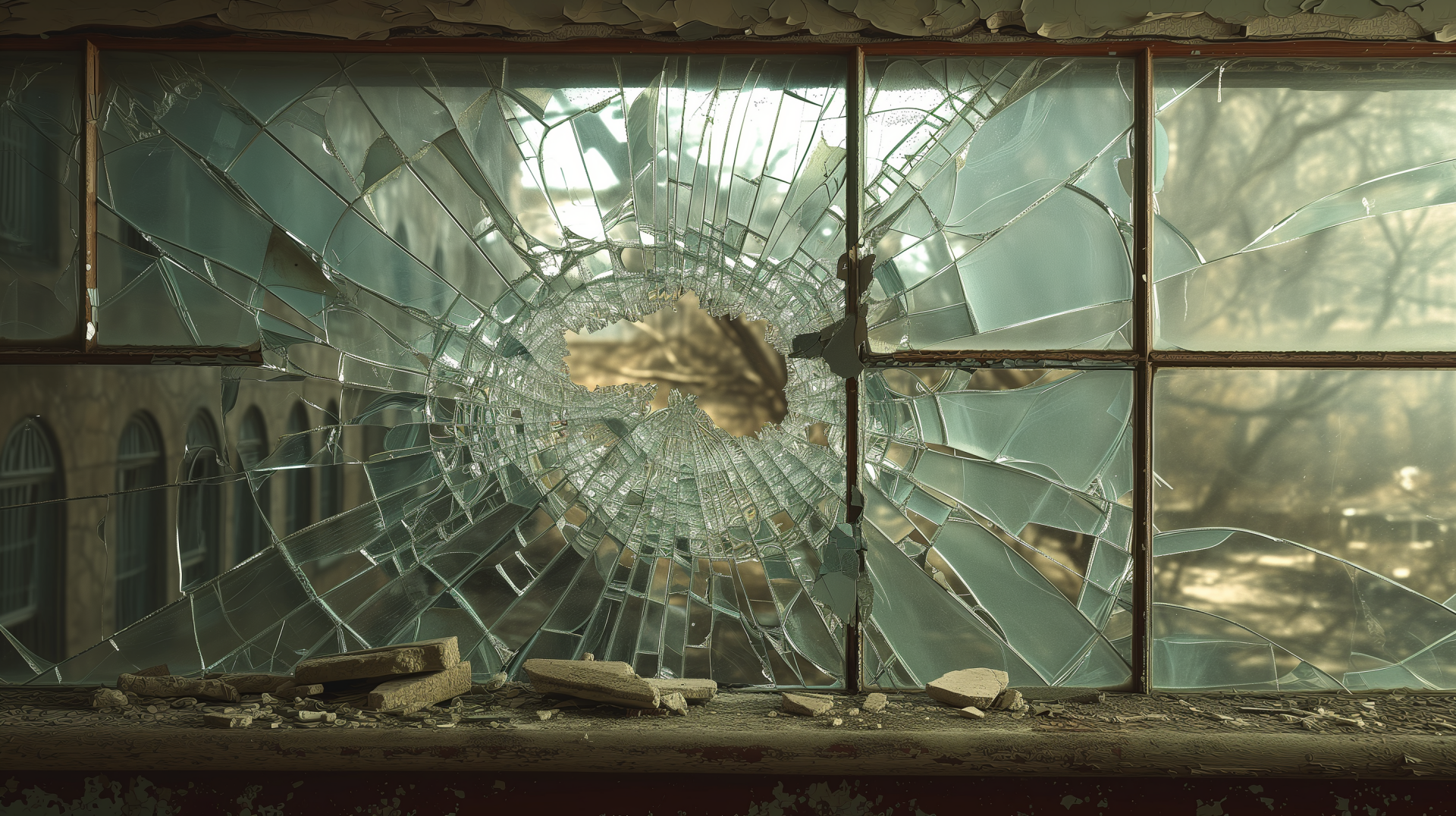 HD desktop wallpaper featuring a detailed view of a shattered glass window with a blurred background.