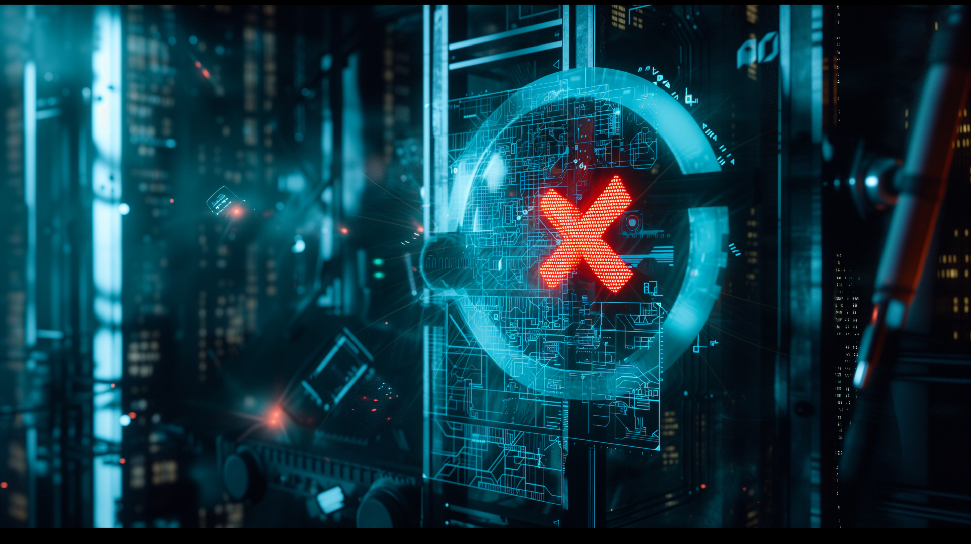 HD desktop wallpaper featuring a holographic error symbol in a futuristic technology setting.