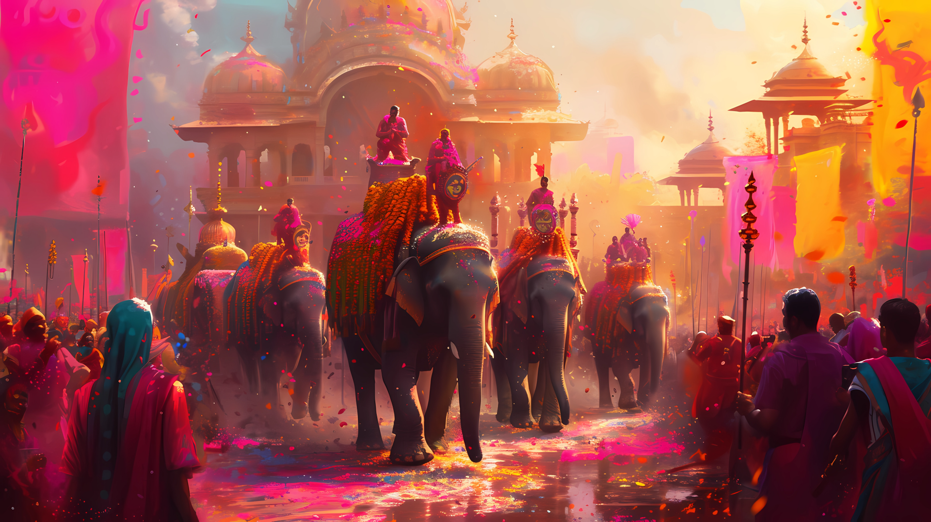Vibrant HD desktop wallpaper featuring a festive elephant parade at a cultural festival with people and colorful temples in the background.