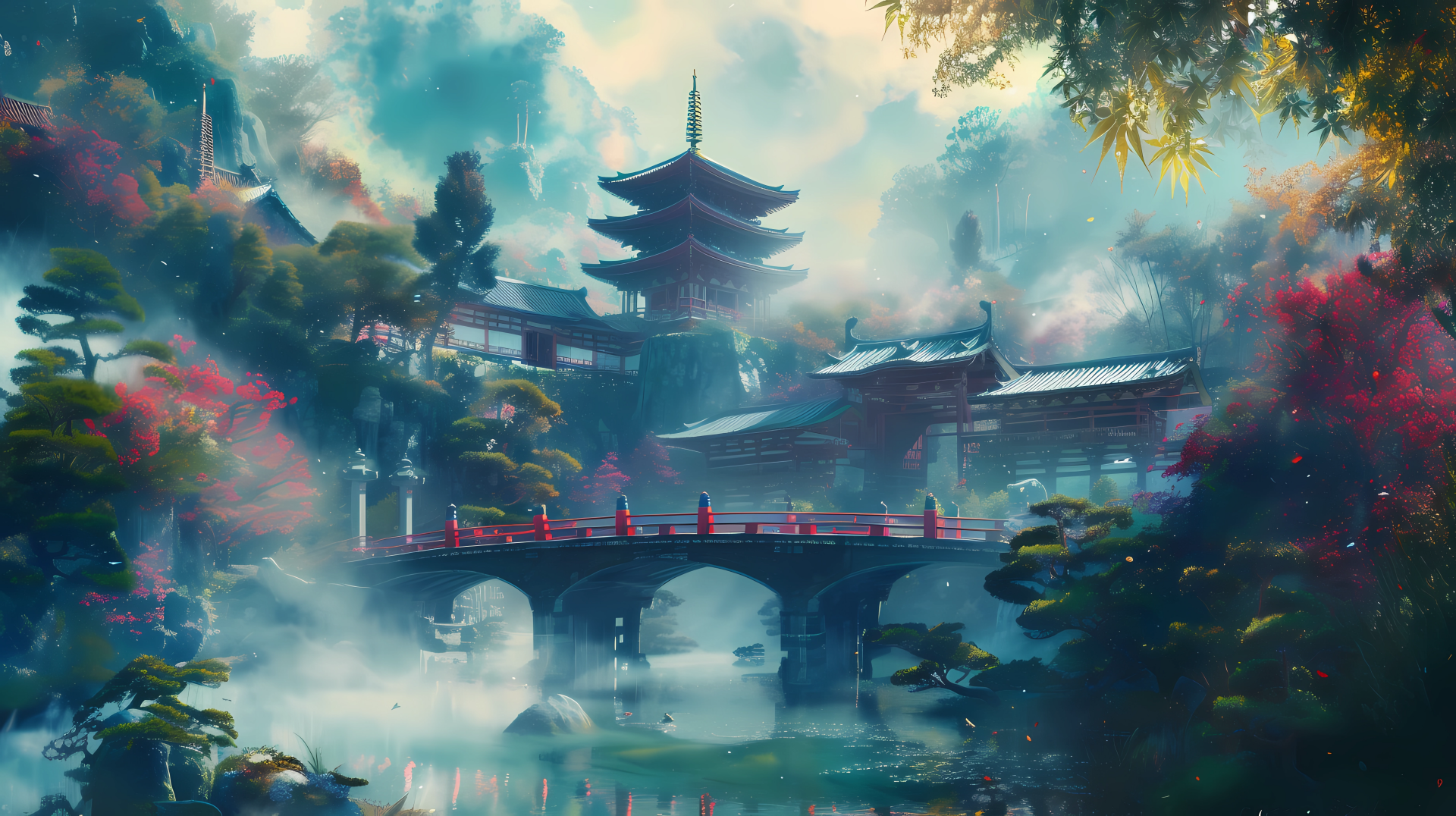 HD wallpaper of a serene Japanese landscape featuring traditional architecture with a pagoda and a red bridge, enveloped in mist and surrounded by autumnal trees.
