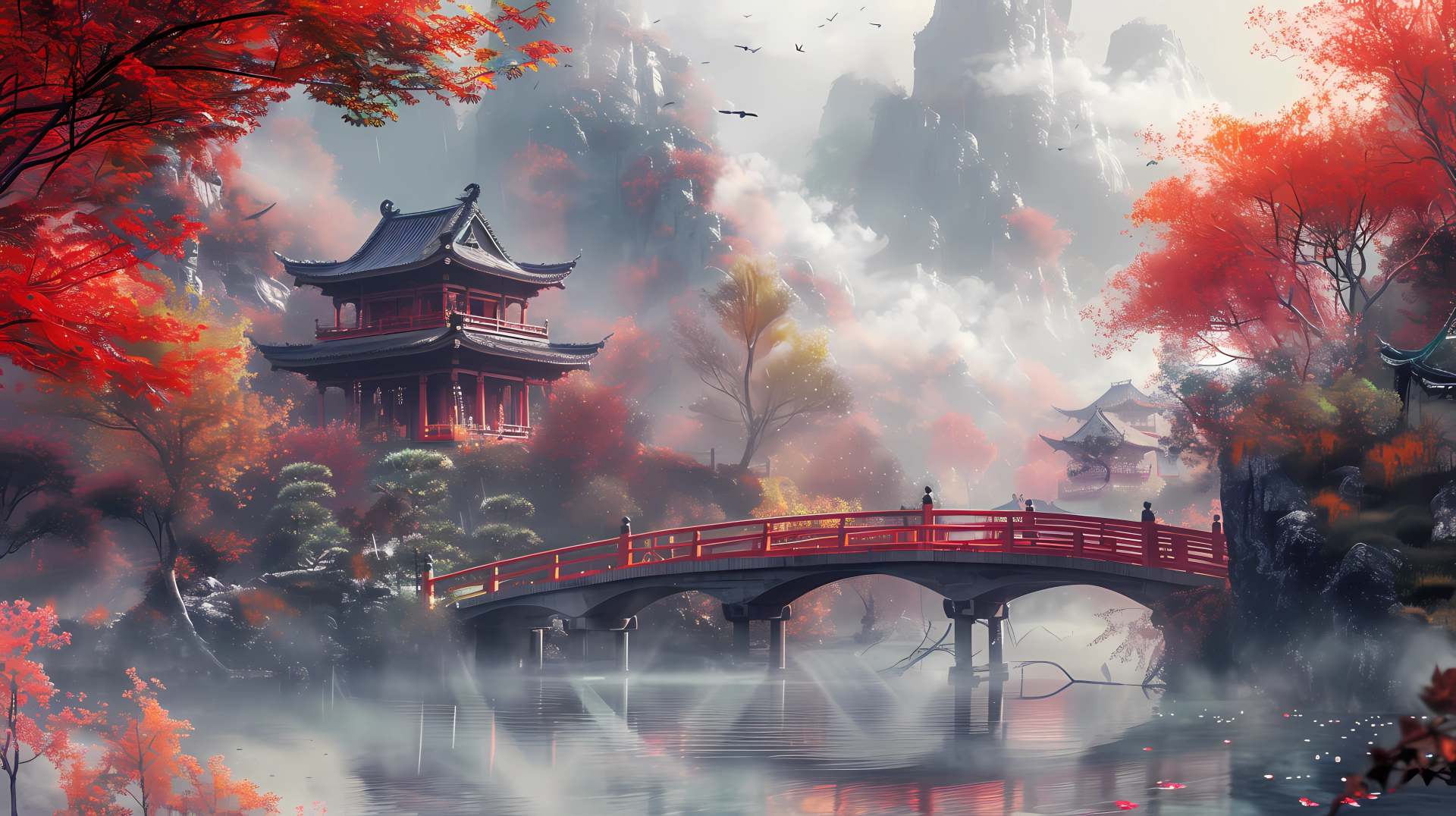 HD Autumn-themed wallpaper featuring a traditional Japanese scene with a red bridge and pagoda surrounded by mist and vibrant red autumn leaves.