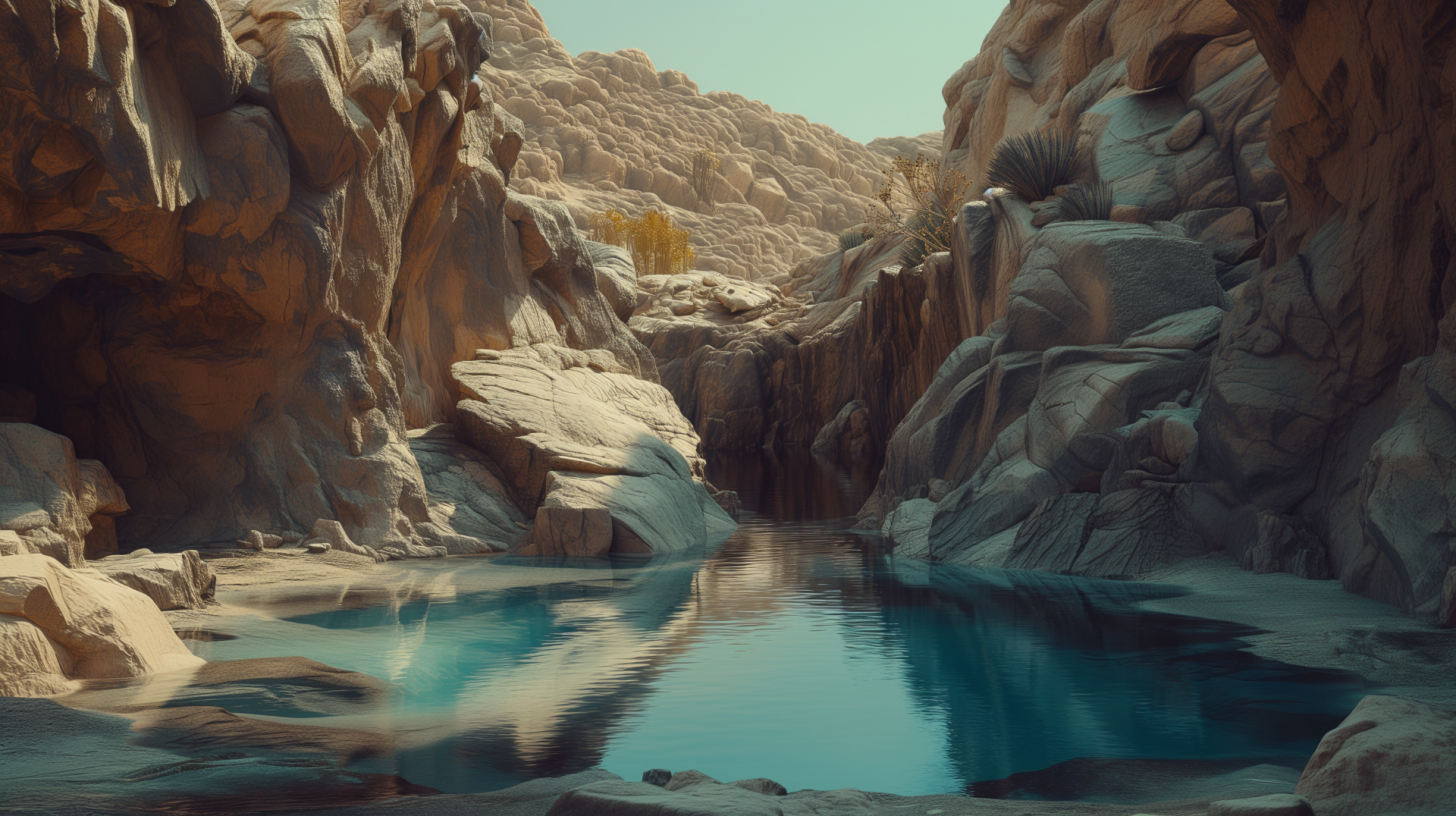 A serene desert oasis surrounded by rocky cliffs and a tranquil blue pool, creating a stunning HD desktop wallpaper and background that captures nature's beauty.