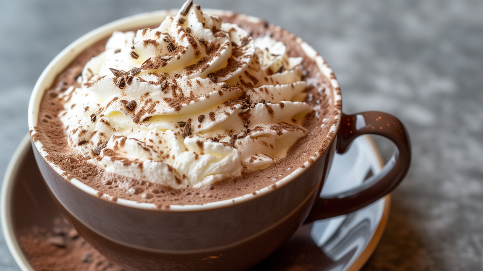 HD desktop wallpaper of a steaming cup of hot chocolate topped with whipped cream and chocolate shavings.