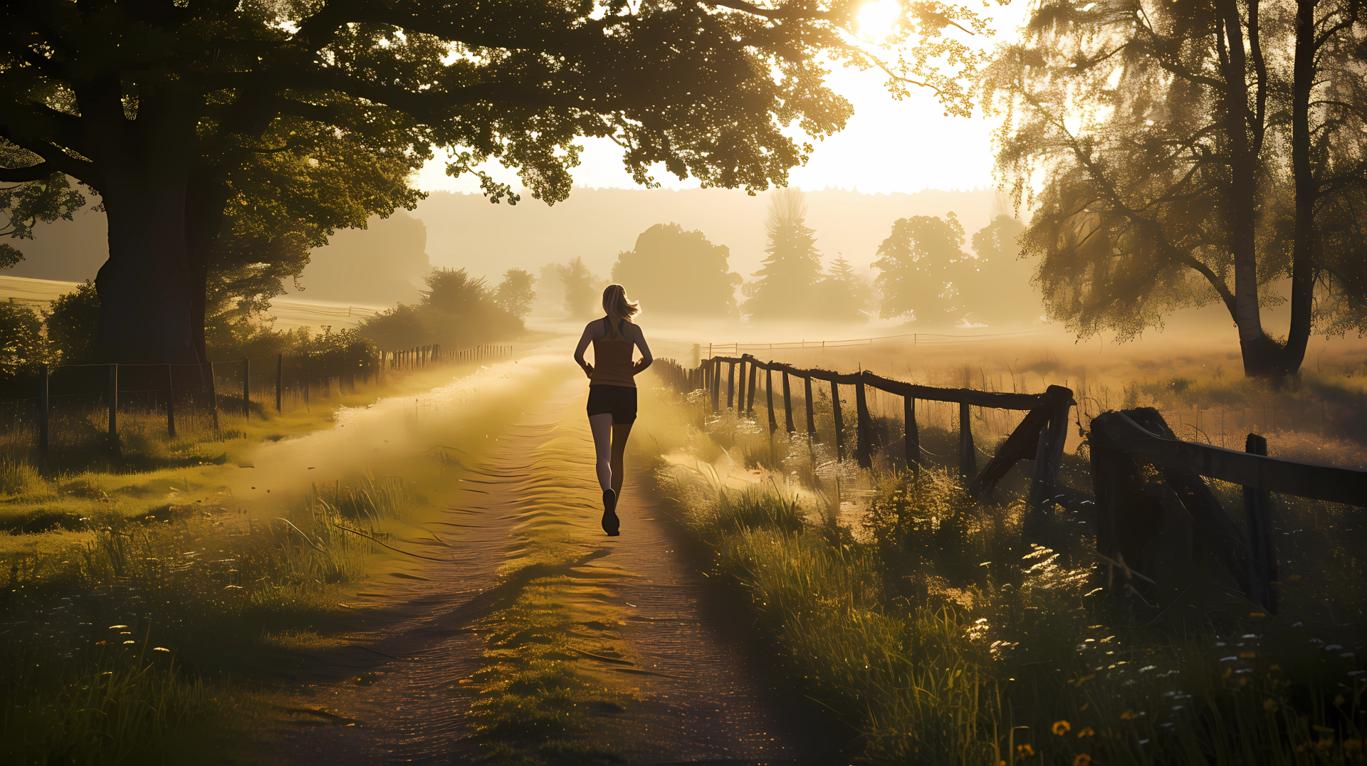 Person jogging on a sunny morning in the peaceful countryside, ideal HD wallpaper for nature and fitness enthusiasts.
