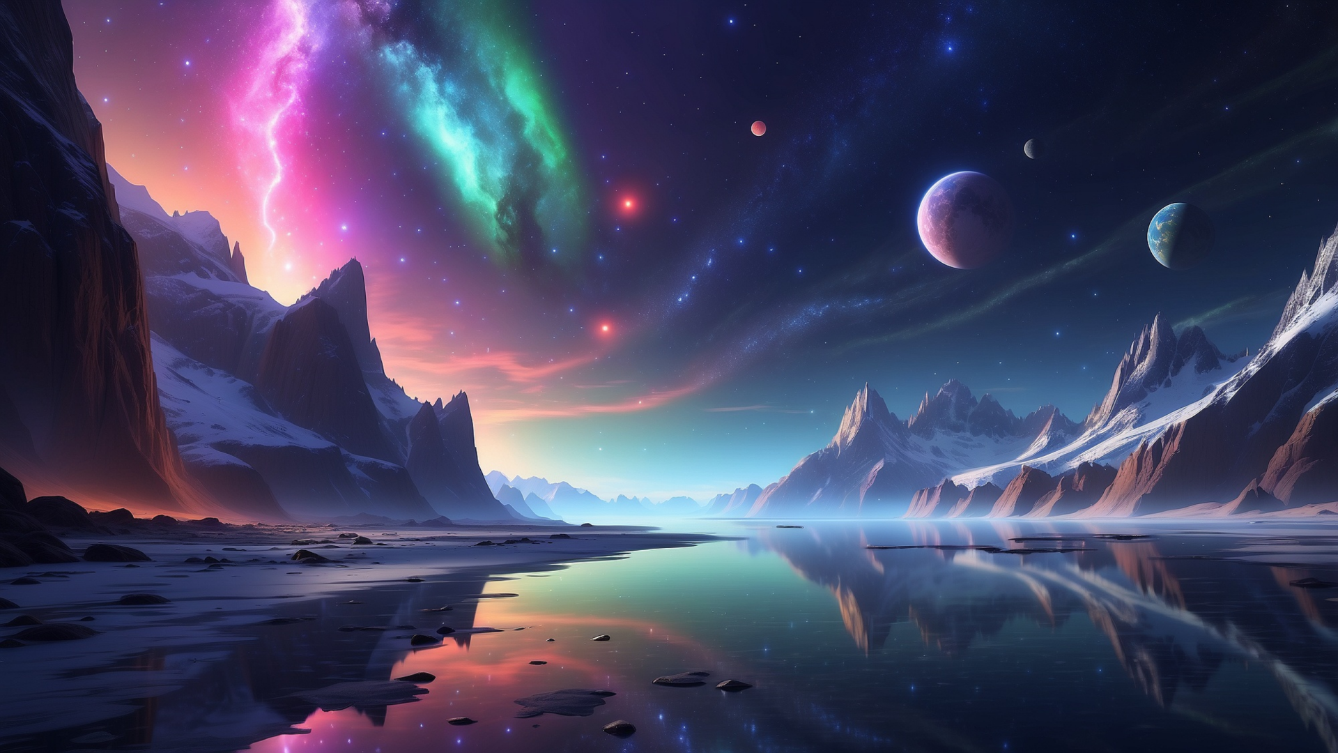 HD desktop wallpaper showing vibrant Northern Lights over snowy mountains with planets and stars glowing in a colorful space sky.