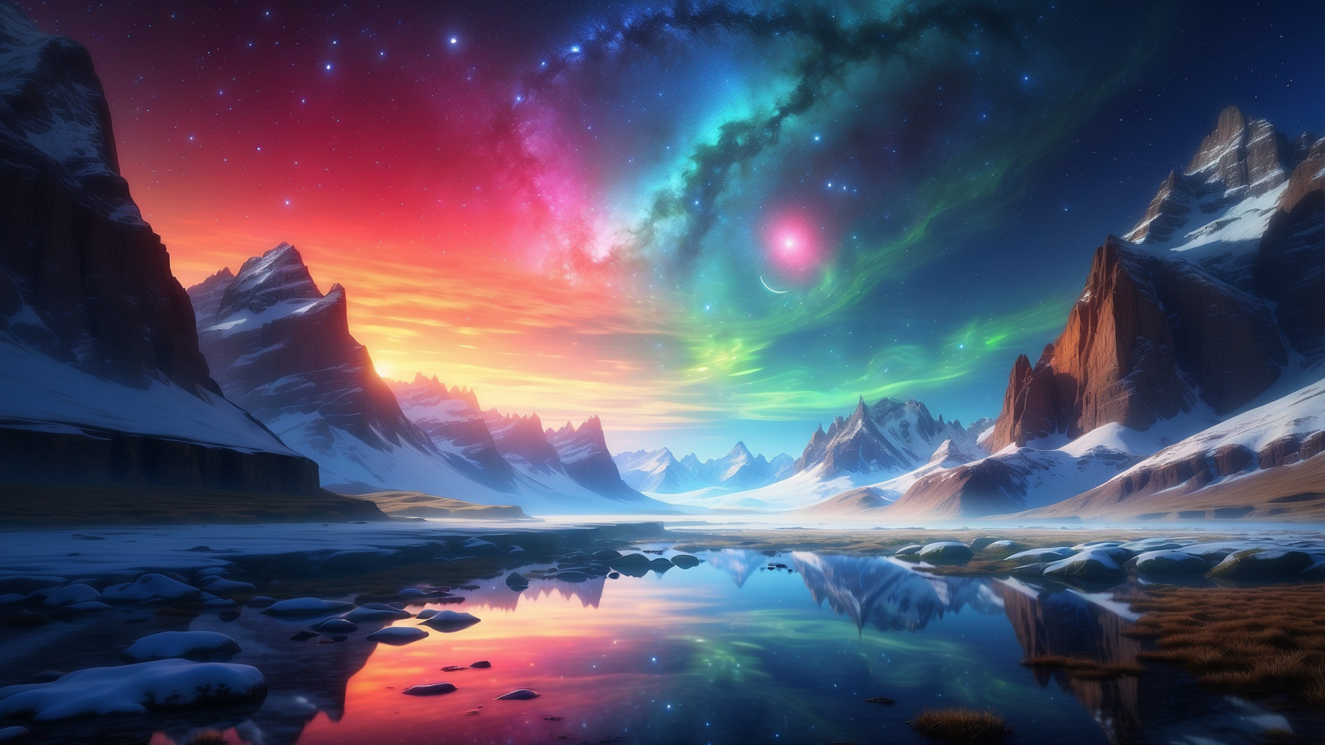 HD PC wallpaper of a snowy mountain landscape under vibrant Northern Lights, with a glowing planet visible in the colorful night sky reflected on a tranquil lake.