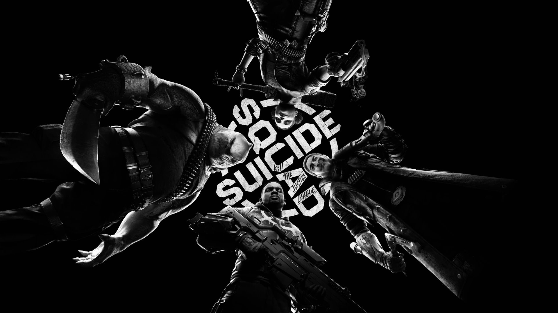 HD Wallpaper of Suicide Squad: Kill the Justice League game with characters posing dynamically on a black background.