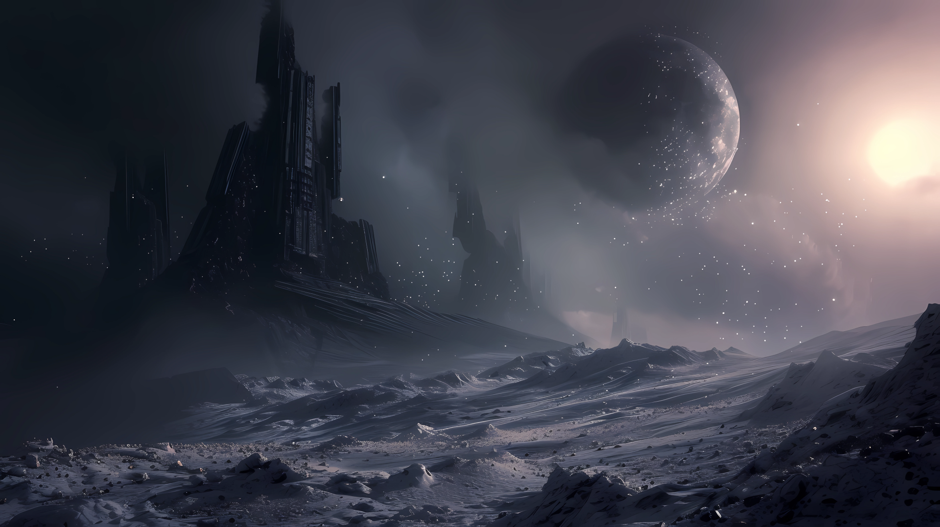 HD desktop wallpaper featuring a dystopian planetscape with towering structures amid a barren, snowy terrain under a starry sky with a prominent planet and glowing sun in the background, encapsulating post-apocalyptic serenity.