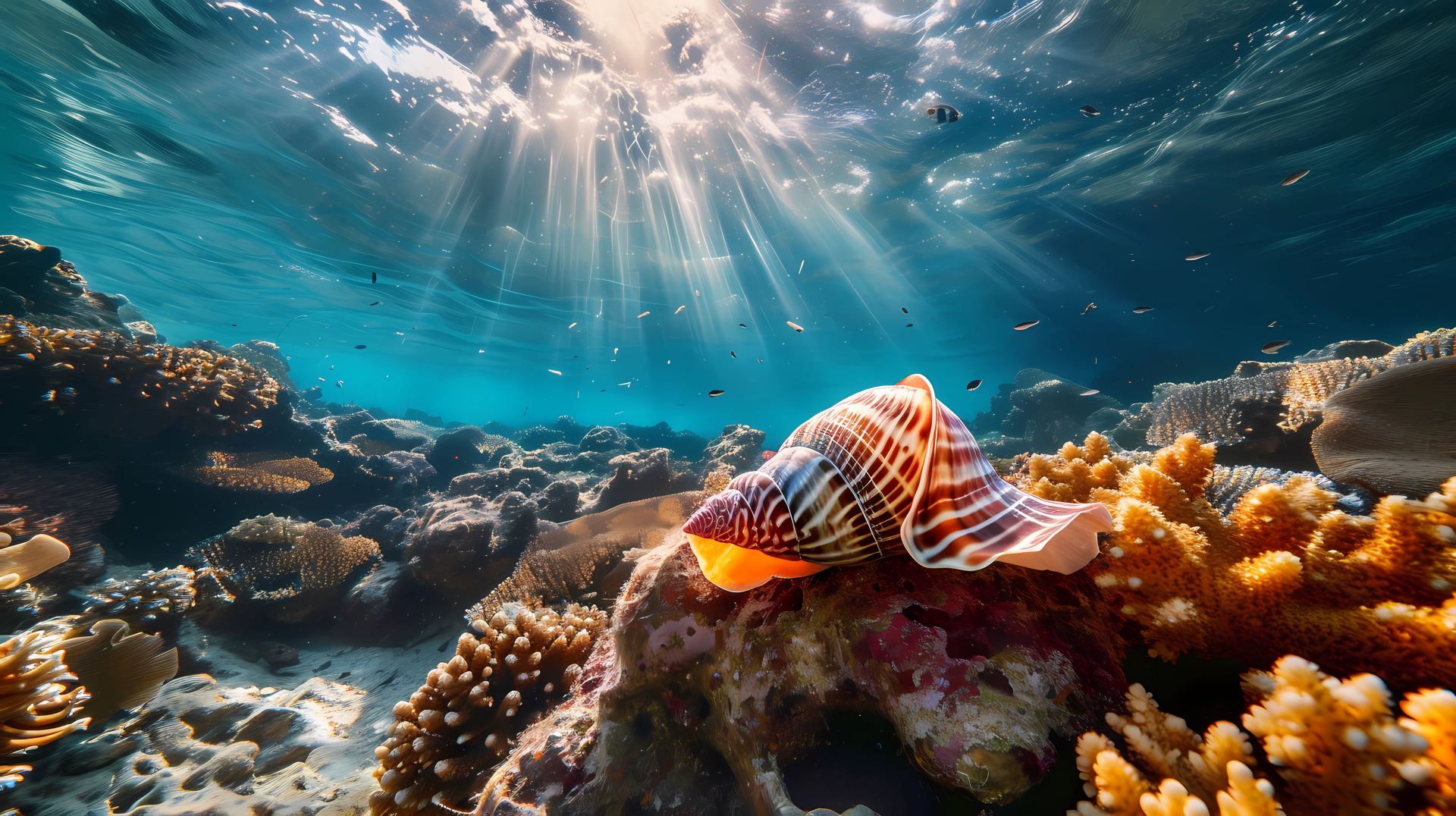 HD underwater ocean wallpaper featuring a vibrant sea snail on coral with sunbeams shining through the water