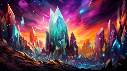Colorful HD wallpaper of crystal landscape with vibrant sunset for desktop background.