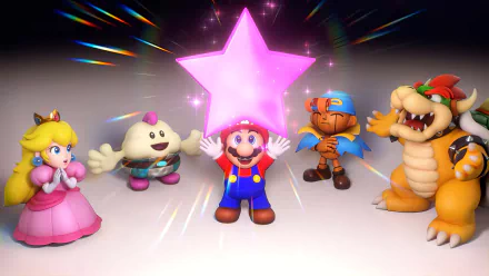 A vibrant HD desktop wallpaper featuring characters from Super Mario RPG (2023), including Mario, Princess Peach, and Bowser, celebrating with a glowing pink star.