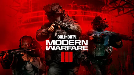 HD Call of Duty: Modern Warfare III desktop wallpaper featuring armed soldiers in combat gear with a red backdrop and game logo.