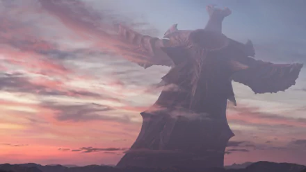 World of Warcraft: The War Within HD desktop wallpaper featuring a towering fantasy character silhouette against a vibrant dawn sky.