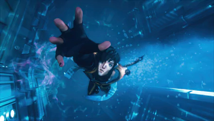 HD wallpaper featuring Aphelios from League of Legends, in a dynamic underwater scene, reaching out with a determined expression amidst swirling blue and purple hues.