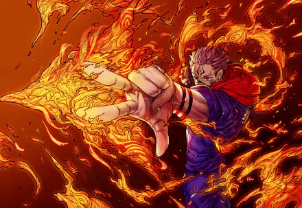 HD desktop wallpaper of Sukuna from Jujutsu Kaisen, surrounded by flaming energy. The anime character is depicted in a dynamic pose, creating a vibrant and intense background.