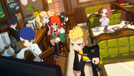 HD desktop wallpaper from Persona 5, featuring animated characters gathered in a cozy cafe setting.