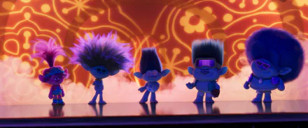 Colorful Trolls banding together as HD desktop wallpaper with vibrant background, tagged Trolls Band Together.