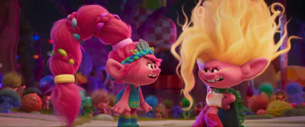 HD desktop wallpaper featuring colorful animated Trolls characters joyfully interacting, tagged with Trolls Band Together.