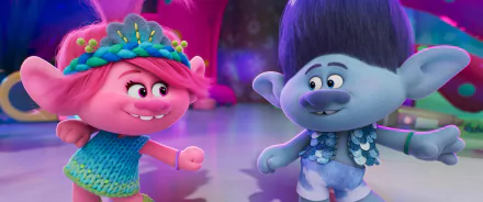 HD wallpaper of colorful Trolls characters smiling and standing together for a desktop background, tagged with Trolls Band Together theme.