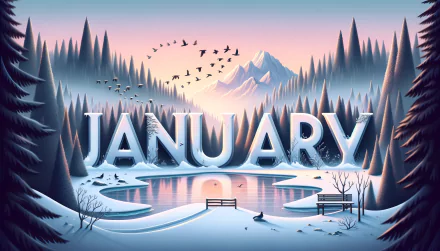 A serene winter landscape features the word JANUARY prominently, surrounded by snow-covered trees, a calm lake, and distant mountains, creating a captivating HD desktop wallpaper.