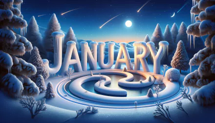 A serene winter scene features the word January prominently in a snowy landscape, complete with frosty trees and a starry sky, creating a captivating HD desktop wallpaper.