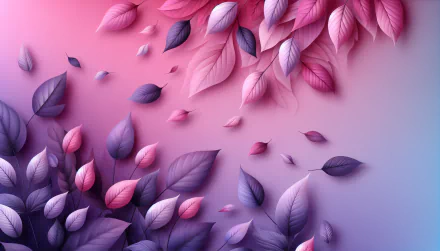 HD desktop wallpaper featuring artistic rendering of falling leaves in shades of pink and purple with a smooth gradient background.