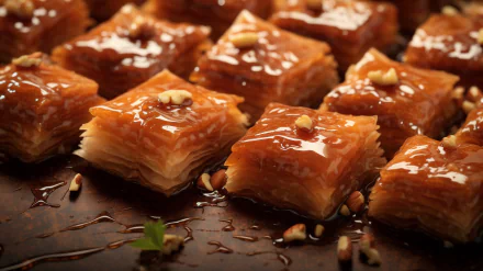 A close-up of delicious baklava pieces, showcasing layers of flaky pastry drizzled with honey and garnished with nuts, serving as a tempting HD desktop wallpaper.