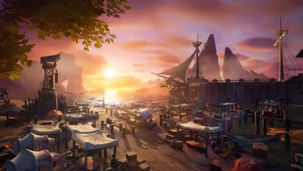 HD wallpaper of a fantasy harbor in Tarisland at sunset with ships and market stalls.