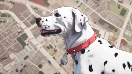 HD desktop wallpaper featuring a cartoon-style Dalmatian with a red collar, set against a backdrop of an illustrated map.