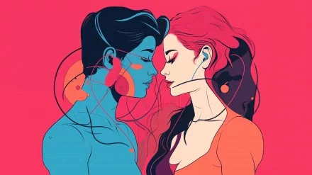 Valentine's Day themed HD desktop wallpaper featuring an illustrated couple in a romantic pose with a vibrant red and blue color scheme.