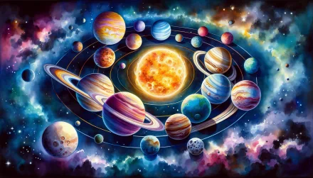 Colorful artistic rendition of the solar system as an HD desktop wallpaper featuring planets in orbit around the sun.