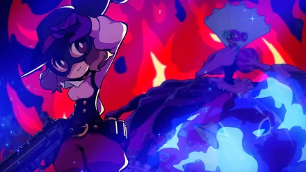 HD desktop wallpaper featuring stylized characters from Persona 5 Tactica with vivid red and blue background.