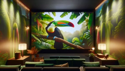 Colorful toucan on branch HD desktop wallpaper featured in a modern home theater room with tropical jungle background.