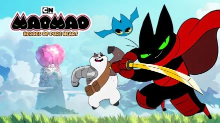 Mao Mao: Heroes of Pure Heart HD wallpaper featuring the animated characters Mao Mao, Badgerclops, and Adorabat ready for adventure.