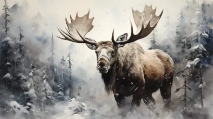 HD wallpaper of a majestic moose in a snowy forest background for desktop.
