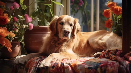 A golden retriever enjoys a sunny spot among colorful flowers, resting on a vibrant patterned fabric. This HD image captures the serene beauty of the moment.