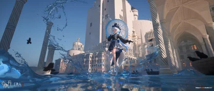HD PC desktop wallpaper from the video game Genshin Impact, featuring a character in blue attire conjuring water magic amidst grand architectural pillars and towers.