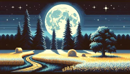 HD wallpaper featuring a vibrant harvest moon over a scenic farmland with haystacks and pine trees.