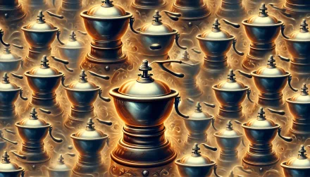 HD desktop wallpaper featuring a repeated pattern of vintage coffee grinders with artistic digital effects for a mesmerizing background.