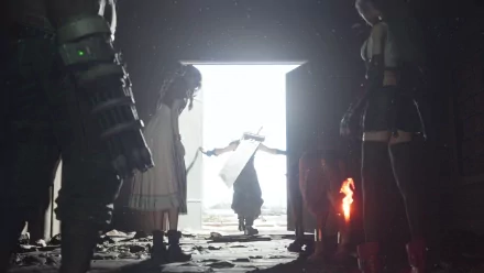 HD wallpaper featuring characters from Final Fantasy VII Rebirth standing in a dramatic pose with atmospheric lighting.