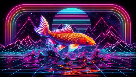 Vibrant HD wallpaper of a koi fish in a neon-lit retro wave style with mountains and a digital grid background.
