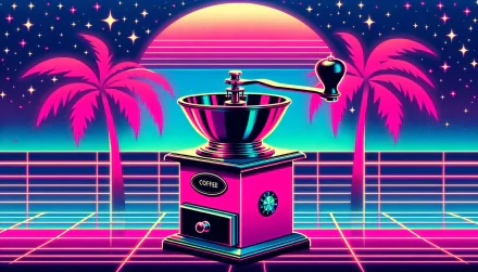 Retro-style HD desktop wallpaper featuring a vibrant pink coffee grinder with a neon sunset, palm trees, and starry sky background.