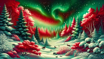 HD winter scene desktop wallpaper featuring a serene snowy landscape with aurora borealis and red foliage.