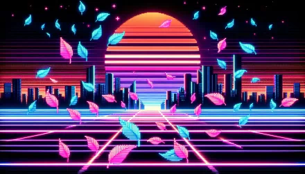 Synthwave-inspired HD desktop wallpaper with a vibrant retro sunset and falling leaves motif.