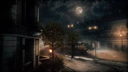 A captivating HD desktop wallpaper from the video game The Thaumaturge, showcasing a mysterious nighttime cityscape illuminated by a full moon and soft streetlights.