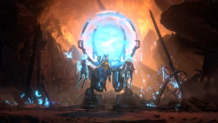HD desktop wallpaper featuring a futuristic portal and armored figure from Trinity Fusion, set in a cavernous environment with glowing elements.