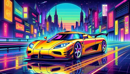 A vibrant HD wallpaper featuring a yellow Koenigsegg sports car against a neon cityscape, reflecting colorful lights and a futuristic skyline.